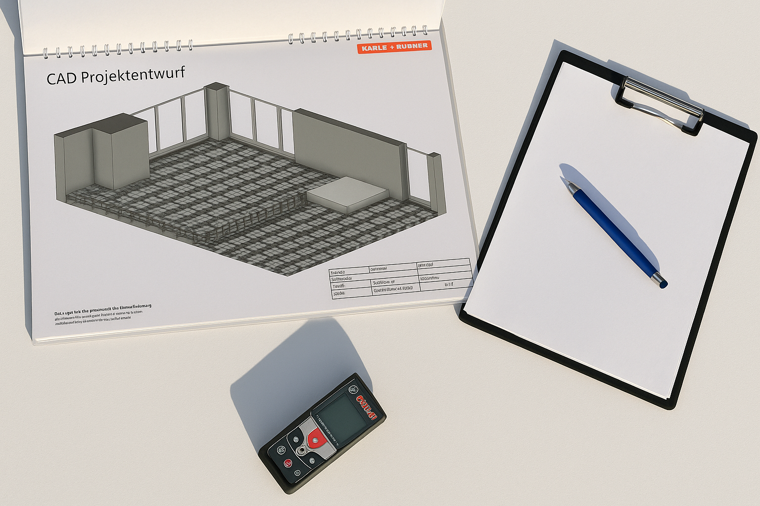 CAD-Projektentwurf in einem Spiralblock, daneben ein Klemmbrett mit weißem Blatt und blauem Stift sowie ein Bosch-Laser-Entfernungsmesser, alles auf einer glatten, weißen Tischfläche bei Tageslicht.